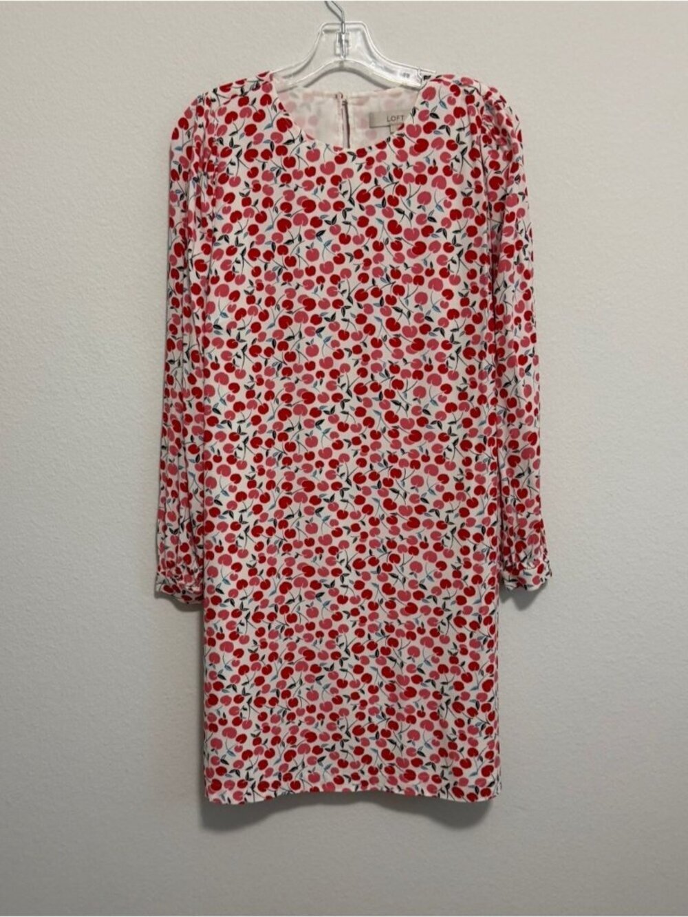 LOFT Long Sleeve Round Neck Cherry Print Shift Dress Women's Size L